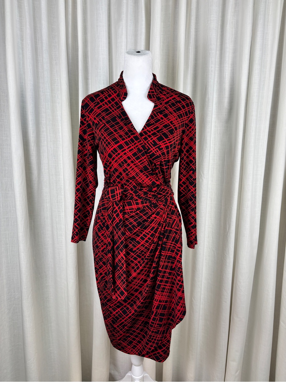 Maggy London Red and Black Wrap Dress with Tie Waist